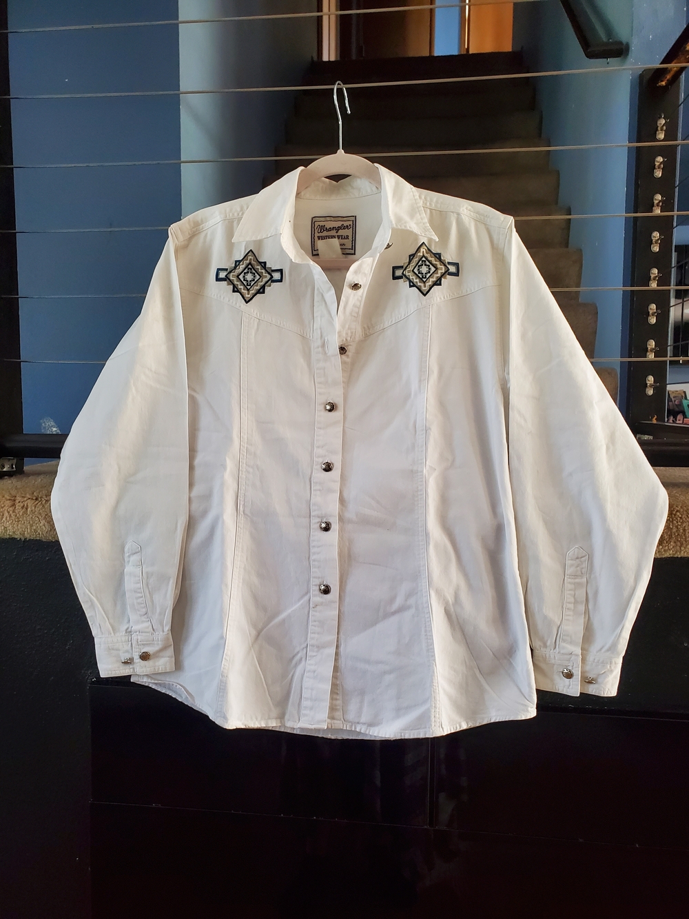 Wrangler White Button-Down Shirt with Navy Embroidered Motifs